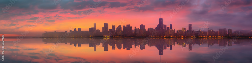 extreme wide angle of a multi colored sky and skyline at dawn in soft, muted pastel colors pink and blue