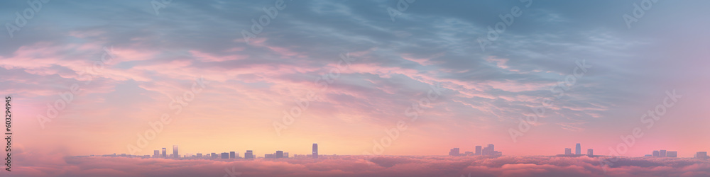 extreme wide angle of a multi colored sky and skyline at dawn in soft, muted pastel colors pink and blue