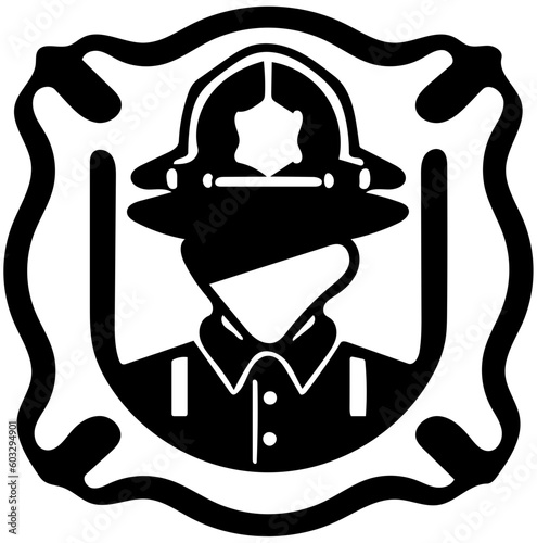 Firefighter logo design in black, vector illustration of a fire brigade personnel 