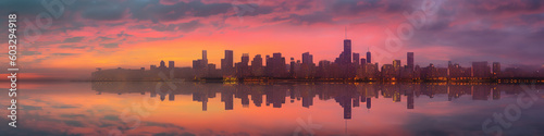 extreme wide angle of a multi colored sky and skyline at dawn in soft  muted pastel colors pink and blue