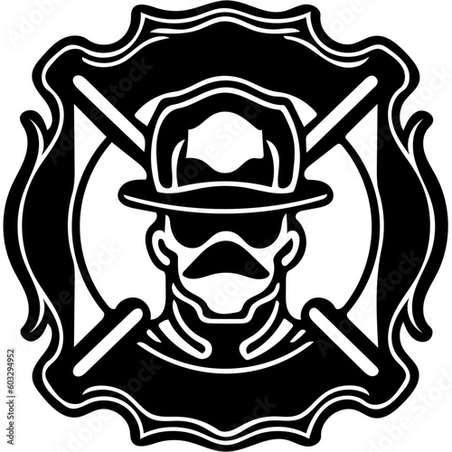 Firefighter logo design in black, vector illustration of a fire brigade personnel 