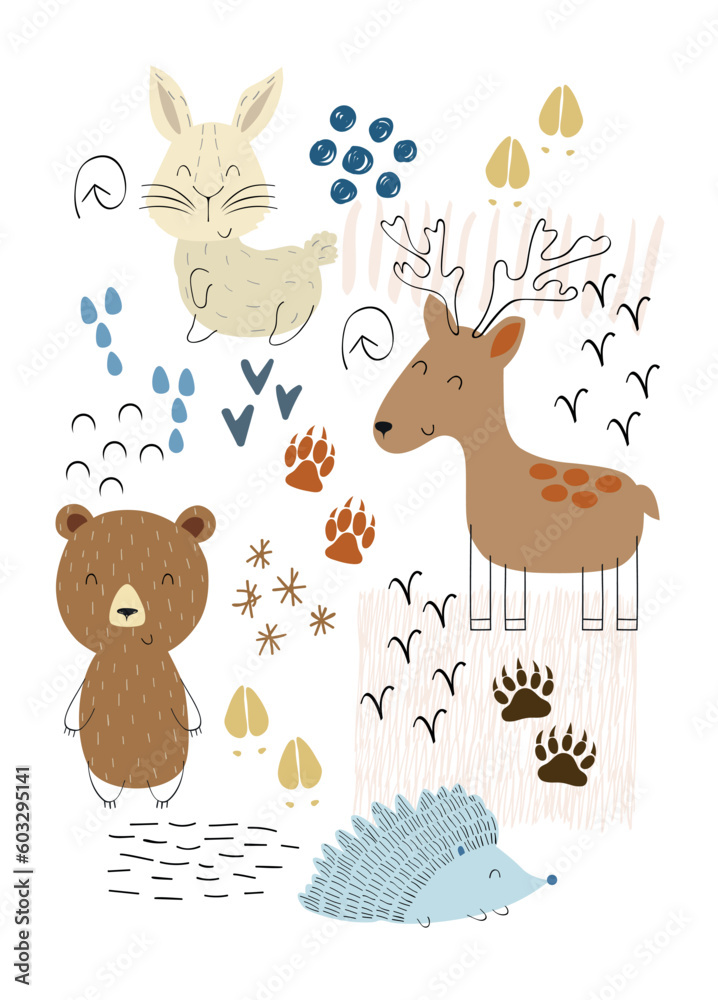 Vector arrangements with forest animals. Woodland decoration on a white background. Vector arrangements with forest animals. Woodland decoration on a white background.