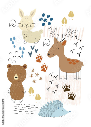 Vector arrangements with forest animals. Woodland decoration on a white background.