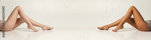 Solar salon, procedures. Banner with beautiful, slim female legs with different shades of tan over white studio background. Copy space for ad, text