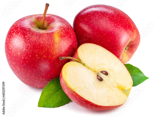 Ripe red apples and apple slice isolated on white background.