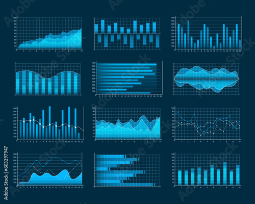 Business data market elements dot bar pie charts diagrams and graphs flat icons set. Infographic icons including clustered column, stacked, bar, line, marked, area. Vector illustration.