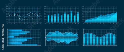 Business data market elements dot bar pie charts diagrams and graphs flat icons set. Infographic icons including clustered column, stacked, bar, line, marked, area. Vector illustration.