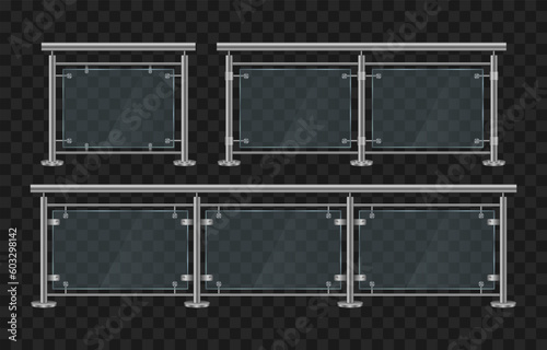 Glass balustrade with iron banister front and angle view. Glass fence sections with metal tubular handrails and transparent plexiglass sheets for house stairs, building balcony or terrace, vector.