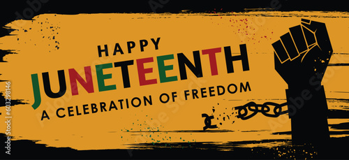 Raised fist silhouette with text happy Juneteenth, Vector