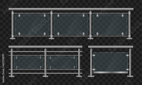 Glass or plexiglass fence with banisters. Realistic glass and metal balcony railings, wire fence. Banister sections or panels with pillars. Vector illustration.