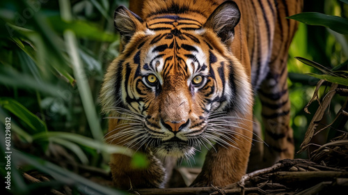 Tiger in the nature habitat tiger male walking head on composition wildlife scene