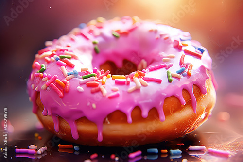 A pink frosted donut with colorful sprinkles and a bite