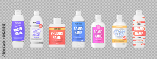 Sport nutrition labels. Realistic whey protein. Label plastic bottles, package template design. 