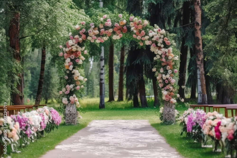 Wedding ceremony floral arch, generative ai