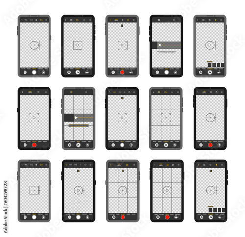Shooting video for a social network. Mobile phone with camera interface. Viewfinder, grid, focus, button and rec on smartphone. Mobile app application. Focusing screen in recording time. Vector.