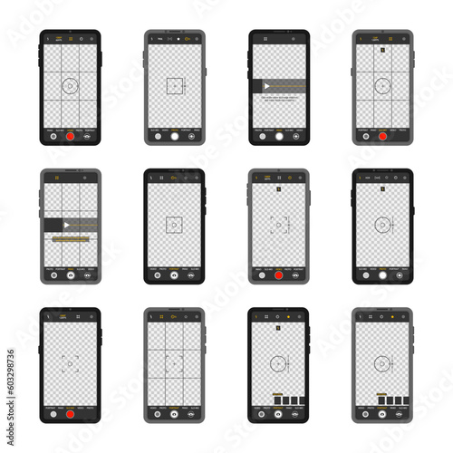 Mobile phone with camera interface. Viewfinder, grid, focus, button and rec on smartphone. Shooting video for a social network. Mobile app application. Focusing screen in recording time. Vector.