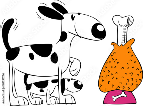 Dog with her puppy looking at the feeder in which there is a giant chicken thigh side view, cartoon style and ready for printing