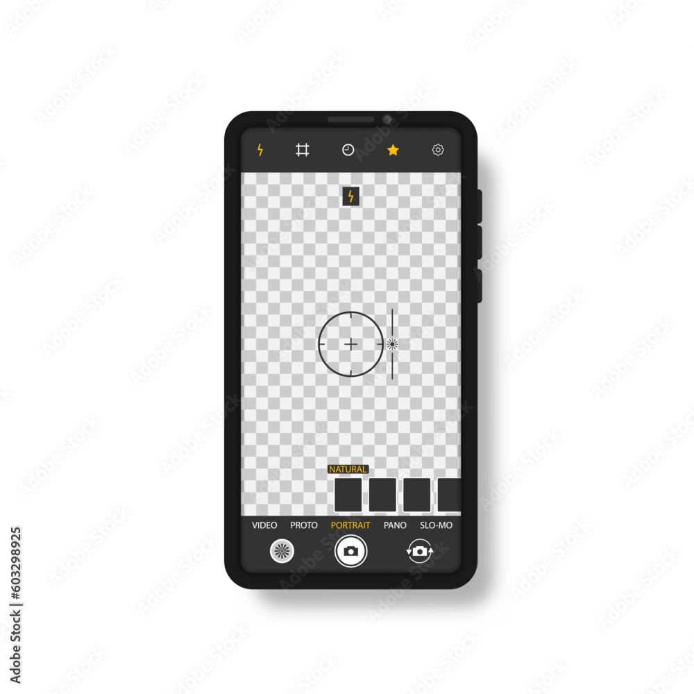 Smartphone mockup for photography, selfie and video. Camera interface in phone screen. Photo, video ui in cellphone. App for record from mobile cam. Viewfinder, grid, focus, button and rec. Vector. Smartphone mockup for photography, selfie and video. Camera interface in phone screen. Photo, video ui in cellphone. App for record from mobile cam. Viewfinder, grid, focus, button and rec. Vector.