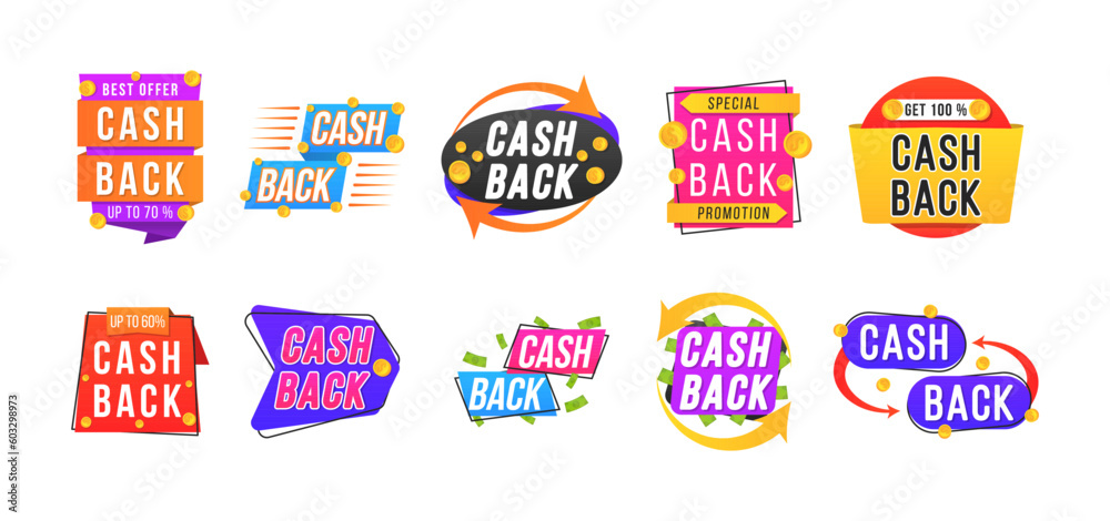 Set of cashback label collection perfect for promo your product promo sales. Advertising badges for your business. Refunds from purchases. 