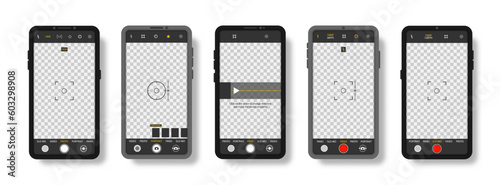 Camera interface in phone screen. Photo, video ui in cellphone. App for record from mobile cam. Viewfinder, grid, focus, button and rec. Smartphone mockup for photography, selfie and video. Vector.
