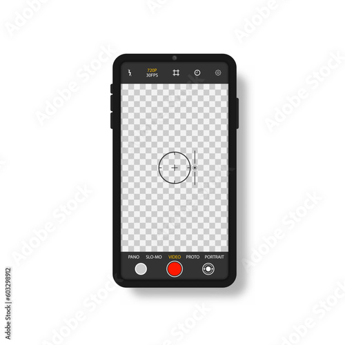 Camera interface in phone screen. Photo, video ui in cellphone. App for record from mobile cam. Viewfinder, grid, focus, button and rec. Smartphone mockup for photography, selfie and video. Vector.