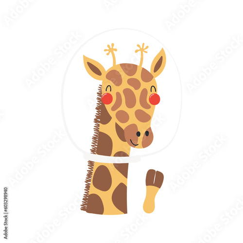 Cute funny giraffe astronaut in space helmet cartoon character illustration. Hand drawn animal, Scandinavian style flat design, isolated vector. Kids print element, space adventure, travel, science