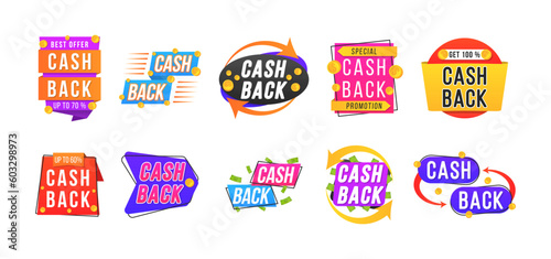 Set of cashback label collection perfect for promo your product promo sales. Advertising badges for your business. Refunds from purchases. 