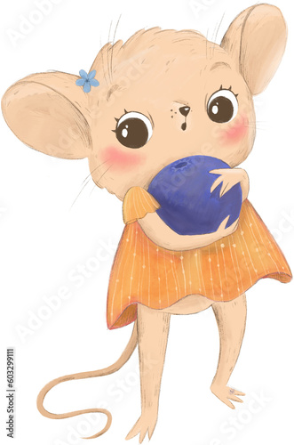 Cute animal illustration. Mouse with a blueberry.  Baby mouse
