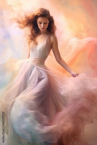 A young woman stands elegantly in a stunning wedding silky dress  in the colorful fog of smoke. Generated AI.