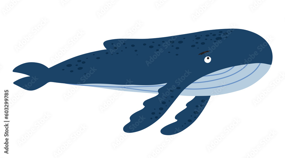 Hand drawn cute blue humpback whale, isolated vector illustration in flat cartoon style