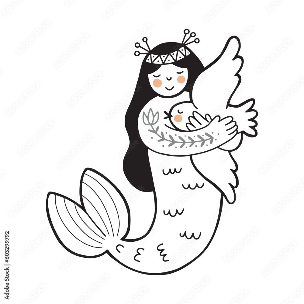 Hand drawn cute folk mermaid holding and hugging a bird, line doodle design isolated vector illustration with white background Hand drawn cute folk mermaid holding and hugging a bird, line doodle design isolated vector illustration with white background
