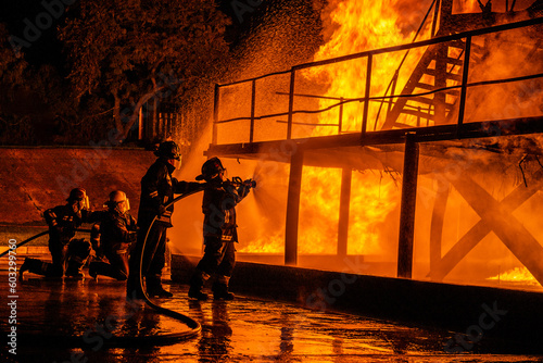 silhouette of a Fireman dousing flames photo
