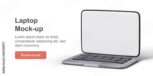 3D mockup of laptop with empty screen. Voluminous minibook, blank for advertising. Realistic image of modern gadget. Element for displaying bright web design