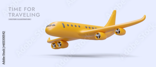Beautiful yellow 3d realistic airplane flying on blue background. Poster for travel agency and airlines. Time for traveling concept. Colorful vector illustration in cartoon style