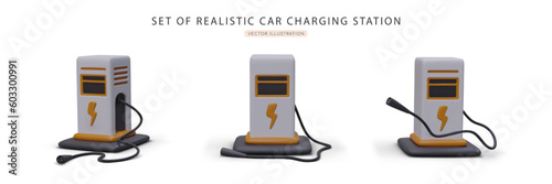 Electric vehicle supply equipment. Set of realistic car charging stations. Empty charging column is waiting for vehicle. Cable with connector. Public charging point for car batteries