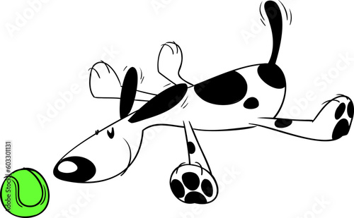 Dog lying on the floor smiling with open paws smiling looking at a tennis ball side view and cartoon style ready to print