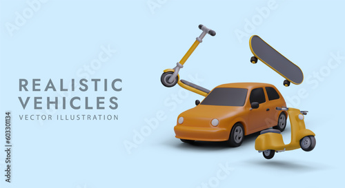 Set of modern realistic vehicles. 3D objects in stopped motion. Scooter, skateboard, car. Bright banner for online advertising. Rental and sale of personal vehicles