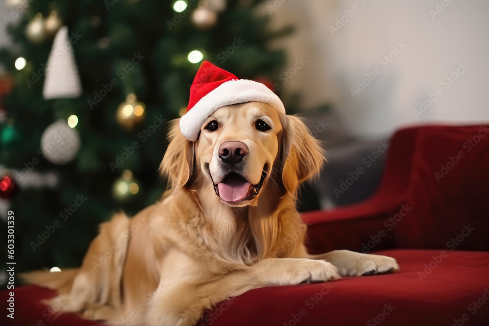 A golden retriever in a santa hat sits on a couch near a Christmas tree on Christmas Eve. Dog congratulates and wishes Merry Christmas