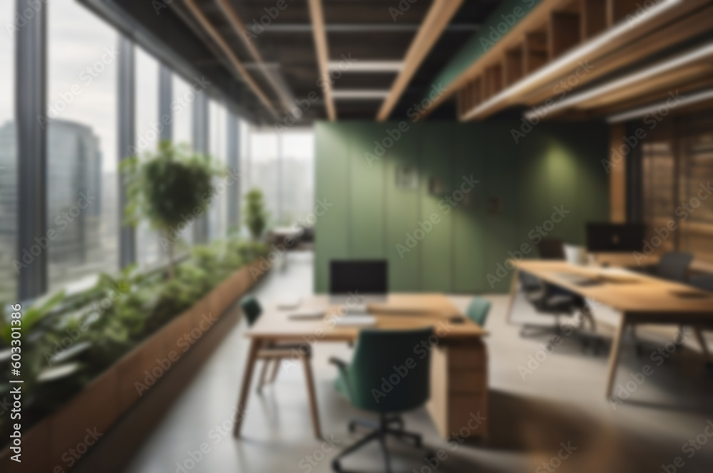 Blurred sustainable green office interior, business background. Sustainable concept. Generative AI.