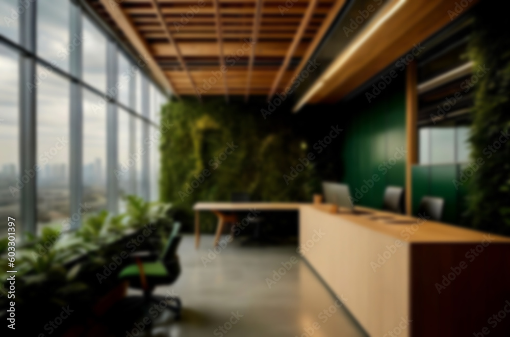 Blurred sustainable green office interior, business background. Sustainable concept. Generative AI.