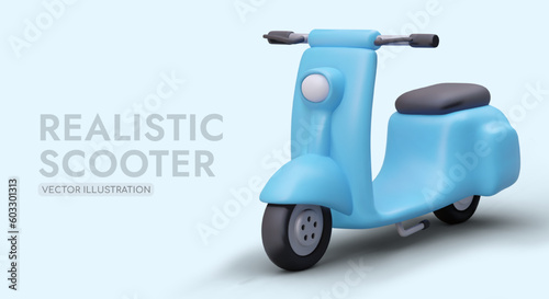 Advertising poster for electronic transport selling and rental company. Colorful realistic 3d scooter on blue background. Eco-friendly vehicles transport concept. Vector illustration in cartoon style