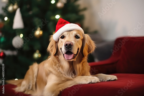 A golden retriever in a santa hat sits on a couch near a Christmas tree on Christmas Eve. Dog congratulates and wishes Merry Christmas