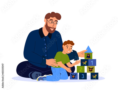 Happy Smiling Family Playing Cubes Bricks Game.Young Adult Parent.Father,Dad Communicating with Baby Child Kid Son.Boy,Children,Caring Babysitter.Having Fun Together.Flat Vector Illustration Isolated
