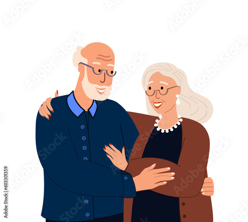 Smiling Pensioners Elder Senior couple.Happy elderly retired man hug his woman.Happy relationships.Old Senior spouse wearing fashion stylish clothes.Flat vector illustration isolated,white background