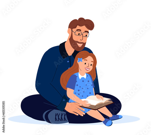Loving Father and daughter reading book together.Dad hug Child Girl.Spend time together.Love and trust of mom,child.Supporting, Family relationships.Flat vector illustration isolated,white background