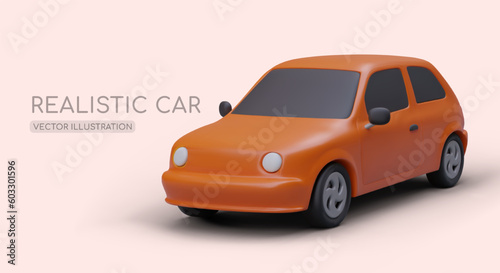 Bright realistic car. Illustration for renting and selling cars. Modern advertising of driving school. Selection of optimal vehicle. Order car online. Carsharing services