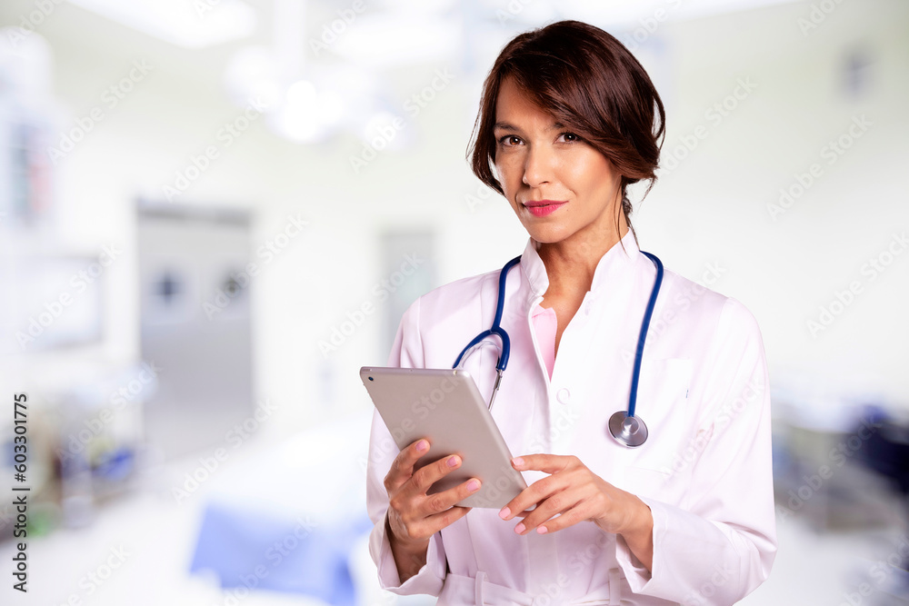 Smiling female doctor standing at the hospital and using digital tablet Smiling female doctor standing at the hospital and using digital tablet
