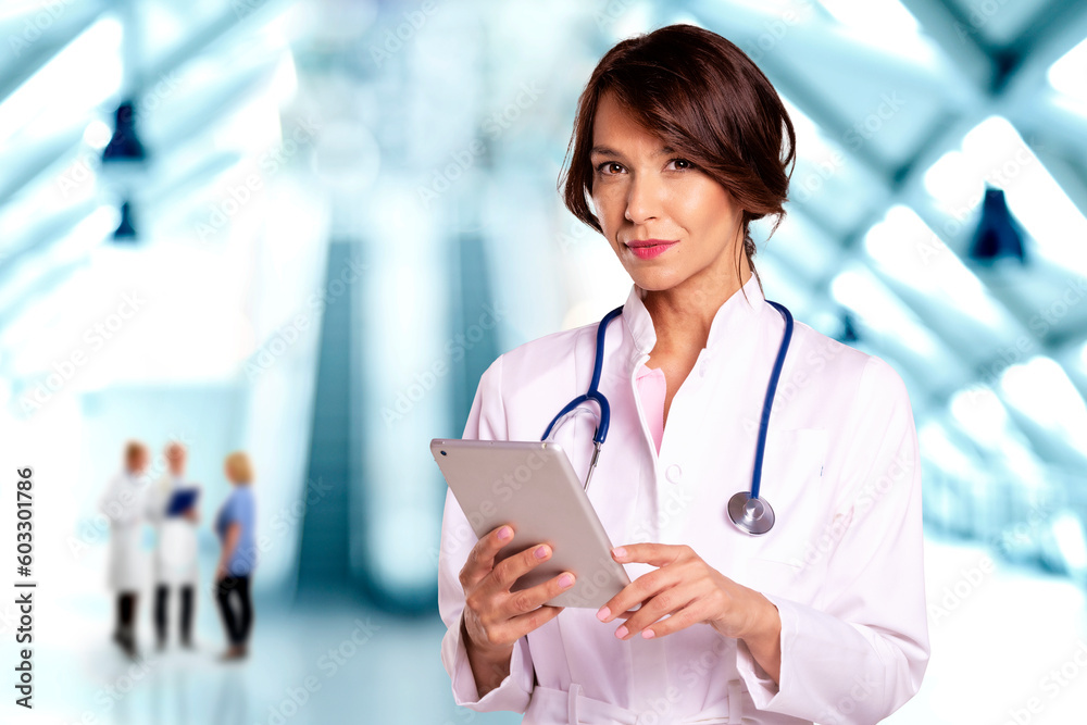 Smiling female doctor standing at the hospital and using digital tablet Smiling female doctor standing at the hospital and using digital tablet