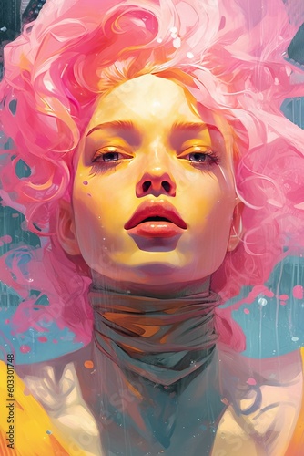 Colorful illustration of a beautiful pink blonde girl. Generated AI.
