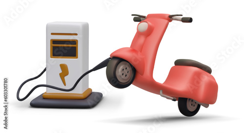 Charging electric scooter. Modern vehicle at charging station. Red moped with full battery. Realistic illustration with shadow. Motoscooter is ready to go